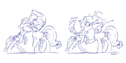 Size: 1280x640 | Tagged: safe, artist:dilarus, deleted from derpibooru, imported from derpibooru, applejack, rainbow dash, earth pony, pegasus, pony, appledash, blushing, commission, eyes closed, female, floppy ears, heart, holding hooves, kissing, lesbian, mare, monochrome, shipping, simple background, sketch, smoldash, spread wings, white background, wingboner, wings