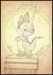 Size: 990x1400 | Tagged: safe, artist:sherwoodwhisper, imported from derpibooru, spike, dragon, book, cloud, crossed arms, golden oaks library, horn, lidded eyes, looking at you, male, monochrome, solo