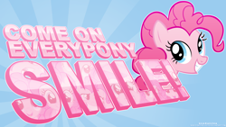 Size: 1920x1080 | Tagged: safe, artist:paradigm-zero, edit, imported from derpibooru, pinkie pie, female, signature, smile song, solo, text, wallpaper, wallpaper edit