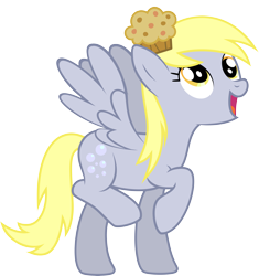 Size: 7227x7682 | Tagged: dead source, safe, artist:daydreamsyndrom, imported from derpibooru, derpy hooves, pegasus, pony, .svg available, absurd resolution, female, food, happy, mare, muffin, raised hoof, simple background, solo, spread wings, transparent background, vector, wings