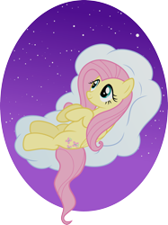 Size: 2462x3297 | Tagged: safe, artist:daydreamsyndrom, imported from derpibooru, fluttershy, pegasus, pony, cloud, cute, female, looking up, lying down, lying on a cloud, mare, night, on a cloud, on back, shyabetes, simple background, sky, smiling, solo, stars, transparent background