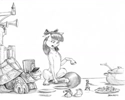 Size: 1400x1121 | Tagged: safe, artist:baron engel, imported from derpibooru, apple bloom, oc, oc:galapagos, oc:king trafalgar maximilian augustus leopold iii, anthro, mouse, tortoise, anthro oc, castle, clothes, deviled eggs, dream, egg, food, grayscale, hat, monochrome, pencil drawing, shako, simple background, story included, sword, traditional art, weapon, white background