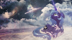 Size: 1920x1080 | Tagged: safe, artist:equestria-prevails, artist:rizcifra, artist:vipeydashie, edit, imported from derpibooru, princess celestia, princess luna, alicorn, pony, female, filly, mare, photoshop, snow, space, wallpaper, wallpaper edit, woona, younger