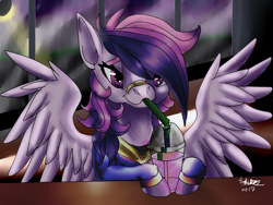 Size: 1600x1200 | Tagged: safe, artist:brainiac, imported from derpibooru, oc, oc only, oc:shooting star, pegasus, pony, clothes, cute, hoodie, magical lesbian spawn, offspring, parent:rainbow dash, parent:twilight sparkle, parents:twidash, rain, solo, tornadic weather, unicorn frappuccino, wonderbolts hoodie