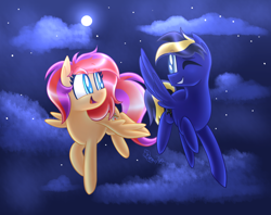 Size: 2400x1900 | Tagged: safe, artist:siggie740, imported from derpibooru, oc, oc only, oc:consol mash, oc:spirited rainbow, pony, female, flying, male, moon, night, one eye closed, wink