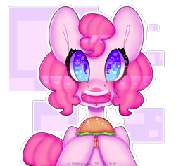 Size: 2106x2000 | Tagged: safe, artist:bunxl, imported from derpibooru, pinkie pie, earth pony, pony, abstract background, burger, female, food, hamburger, solo