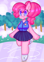 Size: 2500x3500 | Tagged: safe, artist:bunxl, imported from derpibooru, pinkie pie, anthro, earth pony, semi-anthro, arm hooves, beautiful, clothes, cute, diapinkes, female, ice skates, ice skating, moe, skirt, snow, solo, winter wrap up vest