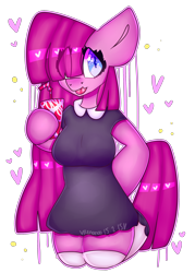 Size: 2500x3500 | Tagged: safe, artist:bunxl, imported from derpibooru, pinkie pie, anthro, earth pony, semi-anthro, arm hooves, clothes, dress, drink, female, pinkamena diane pie, raspberry, simple background, soda, solo, tongue out, transparent background