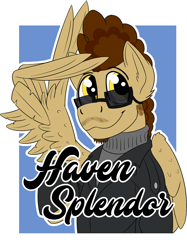 Size: 1306x1750 | Tagged: safe, artist:wcnimbus, imported from derpibooru, oc, oc only, oc:haven splendor, pegasus, pony, badge, clothes, con badge, everfree northwest, facial hair, jacket, male, salute, simple background, smiling, solo, stallion, sunglasses, sweater, text, turtleneck, wing gesture, wing hands, wings