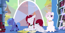 Size: 3475x1792 | Tagged: safe, artist:kaleysia, imported from derpibooru, princess celestia, princess luna, oc, oc:queen cleophee, alicorn, pony, alicorn oc, blank flank, cewestia, female, filly, filly celestia, filly luna, library, mare, pink-mane celestia, traditional royal canterlot voice, woona, younger