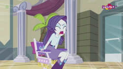 Size: 1136x638 | Tagged: safe, imported from derpibooru, screencap, rarity, dance magic, equestria girls, spoiler:eqg specials, canterlot high, chair, director's chair, eyes closed, female, palm tree, shouting rarity, solo, teletoon, tree