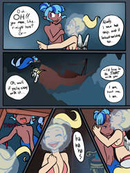 Size: 2448x3264 | Tagged: safe, artist:/d/non, imported from derpibooru, oc, oc only, oc:dingaling, oc:maxie, mermaid, satyr, bikini, breasts, cleavage, clothes, female, kissing, oc x oc, parent:derpy hooves, parent:sonata dusk, pirate ship, shipping, slapstick, swimming, swimsuit, underwater