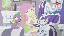 Size: 1136x638 | Tagged: safe, imported from derpibooru, screencap, fluttershy, opalescence, spike, spike the regular dog, dog, dance magic, equestria girls, spoiler:eqg specials, bed, bedroom, boots, clothes, female, happy, looking at you, not impressed, paws, rarity's bedroom (equestria girls), shoes, skirt, socks, teletoon, unamused, worried