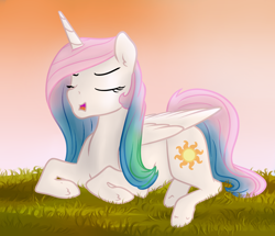 Size: 2000x1717 | Tagged: safe, artist:kaleysia, imported from derpibooru, princess celestia, alicorn, pony, legends of magic, spoiler:comic, eyes closed, female, mare, prone, solo, sunset, younger