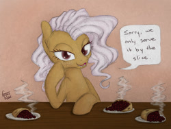 Size: 1250x938 | Tagged: safe, artist:gracewolf, imported from derpibooru, oc, oc only, oc:fresh slice, food pony, original species, pie pony, dialogue, dish, female, food, lidded eyes, looking at you, mare, pie, smiling, solo, steam