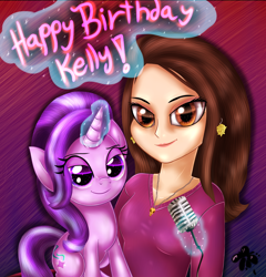 Size: 2500x2600 | Tagged: safe, artist:katakiuchi4u, imported from derpibooru, starlight glimmer, pony, unicorn, birthday, duo, female, glowing horn, happy birthday, kelly sheridan, lidded eyes, looking at you, magic, mare, microphone, smiling