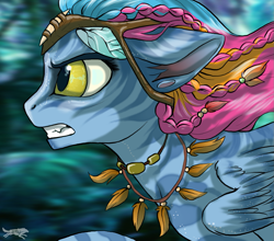 Size: 1109x975 | Tagged: safe, artist:lostinthetrees, imported from derpibooru, oc, oc only, oc:golden gates, na'vi, pegasus, pony, avatar, avatar (na'vi), clothes, cosplay, costume, crossover, female, james cameron's avatar, mare, solo