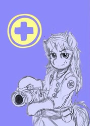 Size: 476x667 | Tagged: safe, artist:danteante, imported from derpibooru, oc, oc only, oc:nahuelina, pony, semi-anthro, unicorn, bipedal, blue background, clothes, female, freckles, gloves, looking at you, mare, medic, medigun, purple background, simple background, solo, team fortress 2, uniform