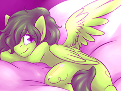 Size: 796x599 | Tagged: safe, artist:fizzy-dog, imported from derpibooru, oc, oc only, pegasus, pony, bed, couch, on bed, solo