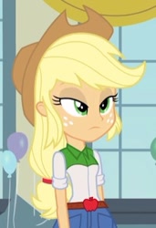 Size: 267x391 | Tagged: safe, imported from derpibooru, screencap, applejack, equestria girls, equestria girls (movie), balloon, clothes, cowboy hat, cropped, female, freckles, hat, lidded eyes, solo, unamused