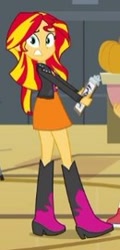 Size: 130x271 | Tagged: safe, imported from derpibooru, screencap, sunset shimmer, equestria girls, equestria girls (movie), boots, clipboard, clothes, cropped, doors, female, high heel boots, jacket, leather jacket, looking at you, pumpkin, raised leg, scared, skirt, solo
