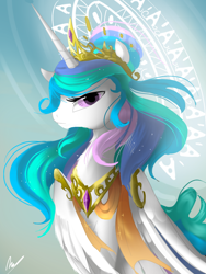 Size: 900x1200 | Tagged: safe, artist:nutty-stardragon, imported from derpibooru, princess celestia, alicorn, pony, female, hair bun, jewelry, looking at you, mare, regalia, solo