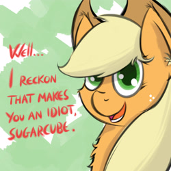 Size: 4000x4000 | Tagged: safe, artist:cloudyskieswrites, imported from derpibooru, applejack, earth pony, pony, abstract background, absurd resolution, brutal honesty, bust, colored pupils, dialogue, female, mare, portrait, solo