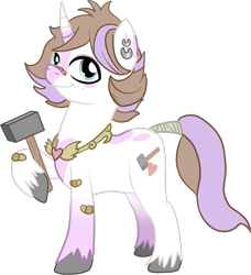 Size: 957x1048 | Tagged: safe, artist:schattenspielrex, imported from derpibooru, oc, oc only, oc:hearth smith, pony, unicorn, bandage, ear piercing, earring, hammer, hoof hold, jewelry, male, offspring, parent:diamond tiara, parent:pipsqueak, parents:piptiara, piercing, simple background, solo, stallion, tail wrap, transparent background