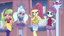 Size: 1136x640 | Tagged: safe, imported from derpibooru, screencap, lemon zest, sour sweet, sugarcoat, sunny flare, dance magic, equestria girls, spoiler:eqg specials, clothes, crossed arms, female, freckles, glasses, hand on hip, headphones, heart, skirt, socks, teletoon, tutu, wristband