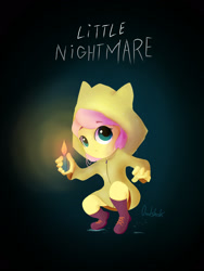 Size: 1200x1600 | Tagged: safe, artist:0ndshok, imported from derpibooru, fluttershy, anthro, human, plantigrade anthro, clothes, cosplay, costume, crouching, female, humanized, lighter, little nightmares, raincoat, six (little nightmares), solo