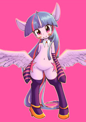 Size: 1447x2039 | Tagged: safe, artist:unousaya, imported from derpibooru, twilight sparkle, alicorn, pony, semi-anthro, adorasexy, arm hooves, belly button, bipedal, blushing, both cutie marks, butt wings, clothes, cute, female, gloves, high heels, looking at you, mare, sexy, shoes, simple background, smiling, socks, solo, spread wings, stockings, striped socks, thigh highs, twilight sparkle (alicorn), wings