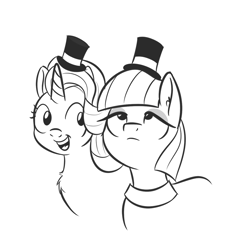 Size: 1280x1280 | Tagged: safe, artist:yakoshi, imported from derpibooru, maud pie, starlight glimmer, pony, black and white, grayscale, hat, monochrome, open mouth, simple background, smiling, top hat, white background