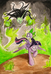 Size: 2424x3506 | Tagged: safe, artist:souleatersaku90, imported from derpibooru, spike, twilight sparkle, oc, oc:blackcraft, alicorn, dragon, pony, chase, fire, magic, scared, spread wings, traditional art, twilight sparkle (alicorn), wings
