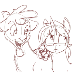 Size: 700x700 | Tagged: safe, artist:goat train, imported from derpibooru, oc, oc only, oc:cumulonimbus, oc:goatmod, oc:snap feather, goat, pony, macro, micro, monochrome, open mouth, sketch