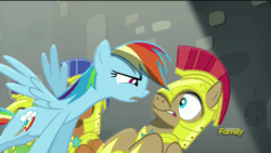 Size: 500x281 | Tagged: safe, imported from derpibooru, screencap, legion stalk, noble crest, rainbow dash, spearhead, pegasus, pony, rarity investigates, animated, discovery family logo, female, gif, lighting, male, mare, pegasus royal guard, royal guard, royal guard armor, shading, stallion