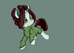 Size: 900x650 | Tagged: safe, artist:miokomata, imported from derpibooru, oc, oc only, pony, unicorn, blushing, chibi, clothes, female, mare, simple background, smiling, solo