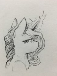 Size: 2040x2720 | Tagged: safe, artist:hkpegasister, imported from derpibooru, oc, oc only, pony, black and white, grayscale, lidded eyes, magic, monochrome, solo, traditional art