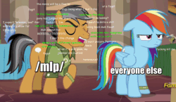 Size: 1086x632 | Tagged: safe, edit, edited screencap, imported from derpibooru, screencap, quibble pants, rainbow dash, earth pony, pegasus, pony, stranger than fan fiction, /mlp/, >implying, alicorn drama, animated, annoyed, babby, comic sans, complaining, complaining about complaining, convention tag, drama, drama drama, ebin may may, equestria girls drama, eyes closed, faggot, faust drama, female, flurry heart drama, gif, glim glam, greentext, image macro, impact font, implied equestria girls, implied jim miller, implying, intolerance, jim miller drama, jimmies, jump the shark, kill me, le, lol, male, mare, meta, metadrama, metaphor, metaphor gif, movie drama, muh, rainbow dash is not amused, raised hoof, reeee, reeeeeeeeeeeeeeeeeeee, stallion, starlight drama, starlight drama drama, text, unamused, unrealistic expectations, ur a faget, vulgar