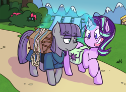Size: 1920x1405 | Tagged: safe, artist:zanefir-dran, imported from derpibooru, maud pie, pinkie pie, starlight glimmer, pony, unicorn, rock solid friendship, clothes, female, glowing horn, hiding, kite, lidded eyes, mare, mountain, open mouth, raised hoof, saddle bag, smiling, when she smiles