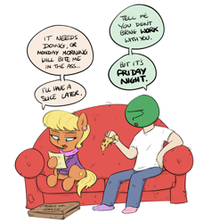 Size: 920x1005 | Tagged: safe, artist:shoutingisfun, imported from derpibooru, ms. harshwhinny, oc, oc:anon, earth pony, human, pony, anon's couch, dialogue, document, eating, food, friday night, pizza, simple background, sitting, speech bubble, vulgar, white background, working