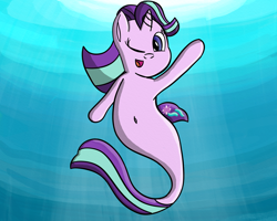 Size: 3000x2400 | Tagged: safe, artist:saburodaimando, imported from derpibooru, starlight glimmer, merpony, belly button, female, looking at you, one eye closed, open mouth, seaponified, shoo be doo, smiling, solo, species swap, underwater, waving, wink