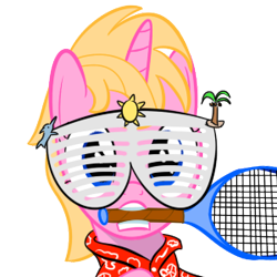 Size: 300x300 | Tagged: safe, artist:mightyshockwave, imported from derpibooru, oc, oc only, oc:ace shot, pony, clothes, female, filly, hawaiian shirt, shirt, shutter shades, simple background, solo, sunglasses, tennis racket, transparent background