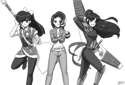 Size: 2000x1363 | Tagged: safe, artist:johnjoseco, imported from derpibooru, starlight glimmer, human, crossover, female, grayscale, humanized, inuyasha, kelly sheridan, monochrome, ranma 1/2, sango, simple background, trio, trio female, ukyo kuonji, voice actor joke, white background