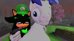 Size: 1920x1080 | Tagged: safe, artist:shadowluigi37, imported from derpibooru, shining armor, hedgehog, pony, unicorn, 3d, abuse, crossover, death threat, gun, luigi hat, meme, model, shadow the hedgehog, shadowluigi is a duck, shiningabuse, sonic the hedgehog (series), weapon