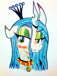Size: 1536x2048 | Tagged: safe, artist:niggerdrawfag, artist:yoweirdbrony, imported from derpibooru, queen chrysalis, changeling, changeling queen, 4chan, blushing, bust, collar, drawthread, eyeshadow, fangs, female, lidded eyes, makeup, solo, spiked collar, traditional art