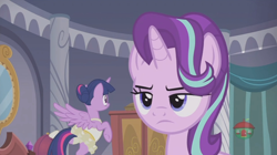 Size: 1232x690 | Tagged: safe, imported from derpibooru, screencap, starlight glimmer, twilight sparkle, alicorn, pony, a royal problem, ballerina, clothes, cute, hair bun, leotard, music box, skirt, starlight glimmer is not amused, starlight is not amused, tutu, twilarina, twilight sparkle (alicorn), twilight stalker, unamused, upskirt