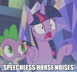 Size: 531x500 | Tagged: safe, edit, edited screencap, imported from derpibooru, screencap, spike, twilight sparkle, alicorn, dragon, pony, a royal problem, cropped, descriptive noise, horse noises, image macro, meme, twilight sparkle (alicorn)