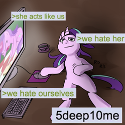 Size: 1581x1585 | Tagged: artist needed, safe, imported from derpibooru, amethyst star, sparkler, starlight glimmer, pony, unicorn, cola cola, computer, female, greentext, mare, ponified, solo, text, truth