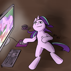 Size: 1581x1585 | Tagged: artist needed, safe, imported from derpibooru, amethyst star, sparkler, starlight glimmer, pony, unicorn, the mysterious mare do well, /mlp/, computer, computer mouse, cup, female, keyboard, mare, ponified, solo, teacup