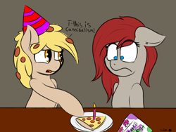 Size: 1600x1200 | Tagged: safe, artist:eclipsepenumbra, imported from derpibooru, oc, oc only, oc:peetzer, oc:ponepony, food pony, original species, pizza pony, birthday, birthday candles, birthday gift, dialogue, food, hat, implied cannibalism, party hat, pizza, pizza cake